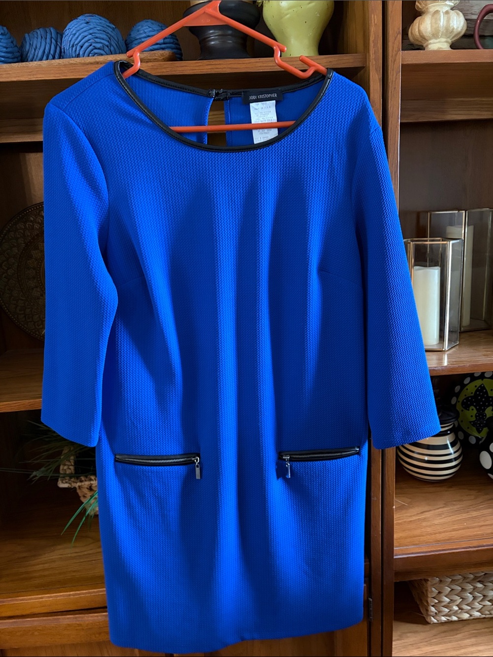 Jodi Kristopher Cobalt Blue Shift Dress with Black Trim and Zipper Pockets